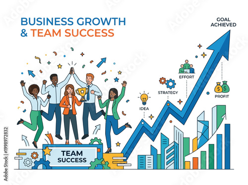 Diverse business team celebrating success and growth with a rising arrow chart.