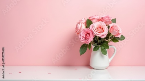 pink rose bouquet in vase on pastel pink background table for wedding birthday mothers day valentines