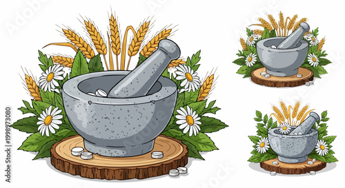 Traditional stone mortar and pestle vector set, herbal medicine illustration with chamomile and wheat, natural pharmacy apothecary icons