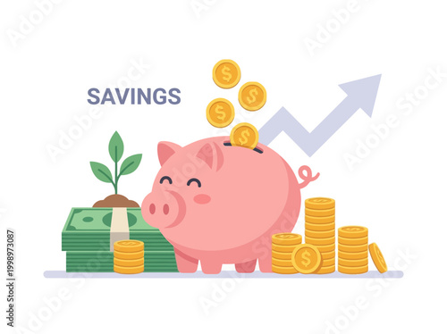 Cute piggy bank with stacks of coins and money growing like a plant.