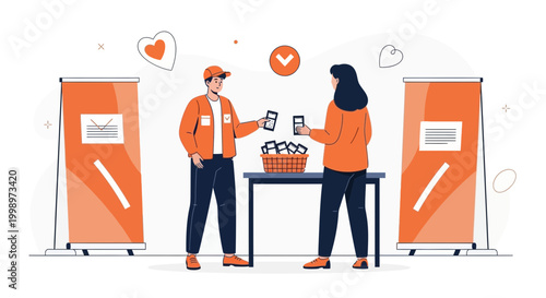 Promoter offers smartphone at exhibition stand, customer interaction, marketing event, promotion