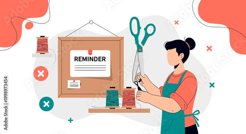 Tailor Cutting Thread with Sewing Supplies and Reminder Note