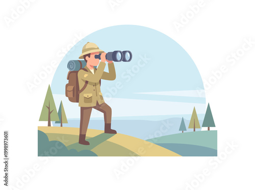 A male traveler hiking in the mountains with binoculars.