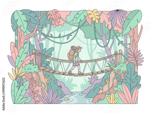 A young hiker crossing a rope bridge in the jungle.