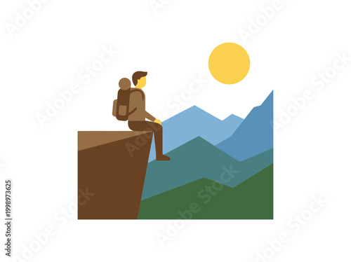 Male hiker with backpack sitting on a cliff edge.