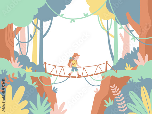 Young boy hiker with backpack crossing a wooden rope bridge.