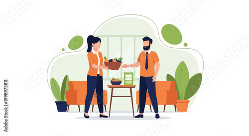 Woman giving basket of fresh fruits and vegetables to man in office