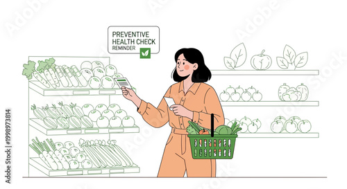 Woman grocery shopping for healthy food, preventive health check reminder