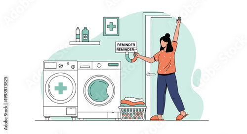 Woman hangs reminder sign in laundry room with washing machine and dryer
