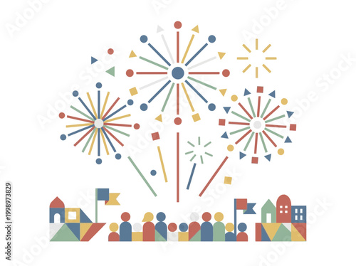 Abstract geometric firework display with stylized crowd of people.