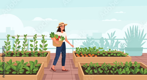 Woman harvesting fresh vegetables from rooftop garden, urban farming, healthy lifestyle