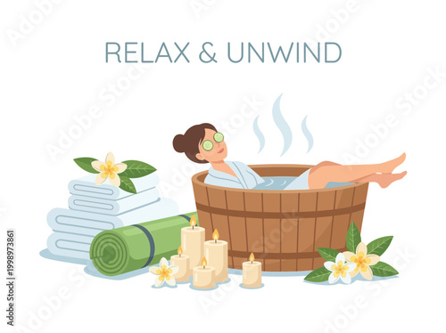 Woman relaxing in a wooden spa bath with candles and flowers.