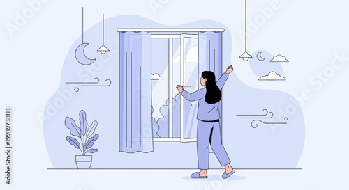 Woman in pajamas stretching and opening curtains to a bright morning sky