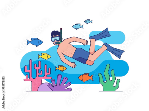 A man snorkeling in the ocean with colorful tropical fish and corals.
