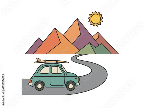 A cute vintage car with a surfboard on its roof driving on a road towards mountains.