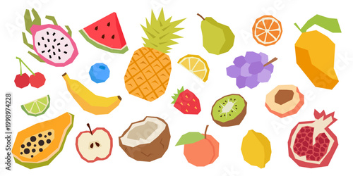 Colorful Geometric Tropical Fruit Set in Paper Cut Flat Style Vector Collection