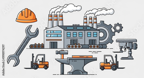 Industrial factory and equipment illustration with tools and machinery.