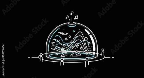 Futuristic music visualization dome with people observing data and sound waves