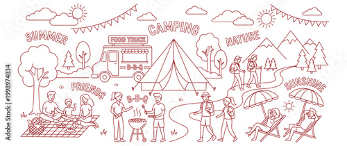 Summer camping and nature line art with people relaxing and having fun.