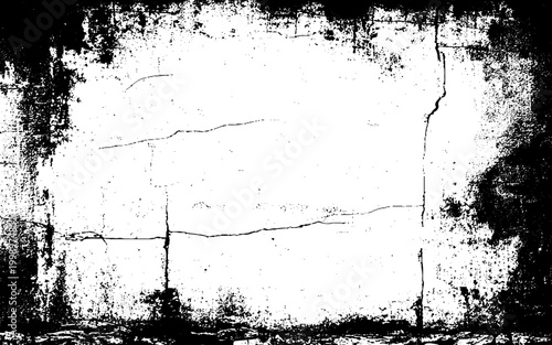 Monochrome Grainy Ink Splatter Pattern and Static Background. Grunge Texture Frame Overlay with Black and White Scratched Border