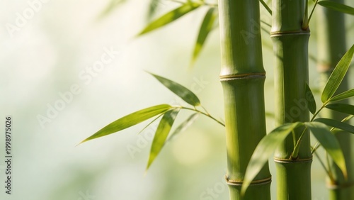 Closeup of green bamboo stalks and leaves