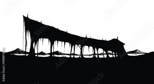 A black silhouette of a melting building on a white background with mountains