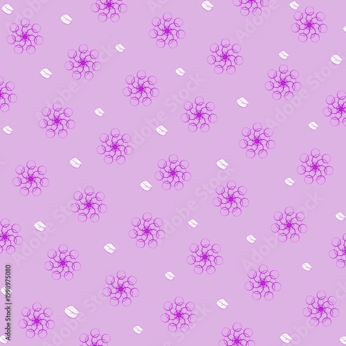 Seamless floral geometric pattern with purple circular flower shapes and small leaf elements on a soft lavender background. Minimal, playful, and modern design suitable for textiles, wallpapers, packa