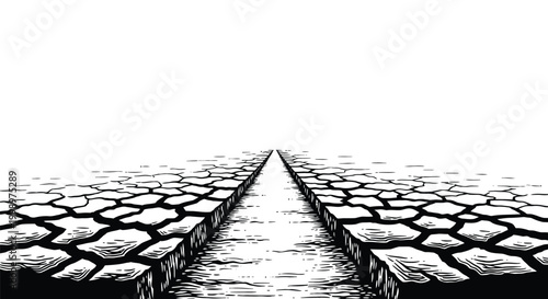 A black and white illustration of a long, cracked earth path leading to the horizon isolated on white background
