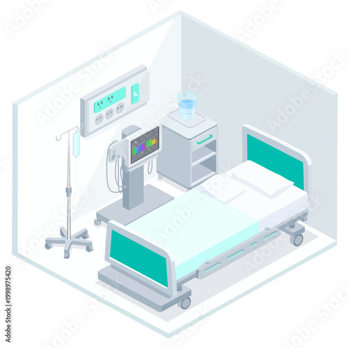 Isometric view of a modern hospital room with a patient bed, medical equipment, and IV stand.
