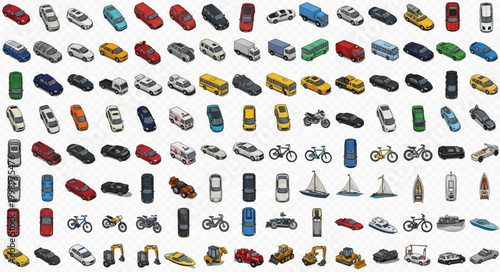 Collection of various transportation vehicles and objects.