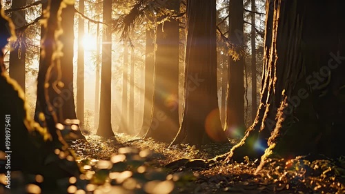 Sunlight streaming through a dense forest with moss-covered trees and a carpet of leaves on the ground