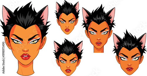 Catwoman character head vector set, female superhero avatar with cat ears and spiky black hair, comic book style woman face collection
