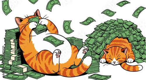 Funny rich ginger cats with money, wealthy cartoon kittens playing in piles of cash, successful feline characters with falling dollar bills