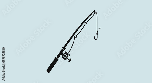 Fishing rod with hook and line, black silhouette on a light blue background