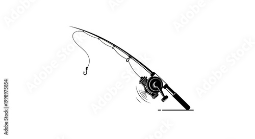 Fishing rod with reel and hook on white background, illustration