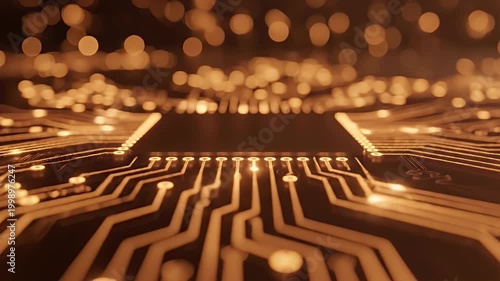 Glows of a Microchip Circuit Board with Golden Light Trails, Representing Technology and Innovation