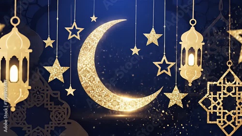 Ramadan Kareem greeting with glowing crescent moon and traditional lanterns under a starry night sky, ideal for Islamic holidays and celebrations