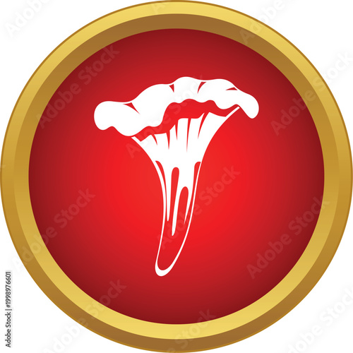 Edible chanterelle mushroom icon on a vibrant red background with a golden border