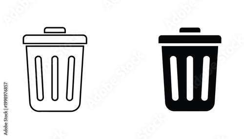 Trash can icons in outline and solid black styles isolated on a white background for deletion concepts