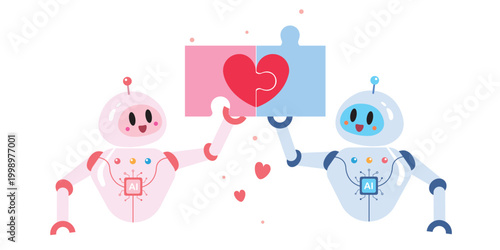 Couple Robot character with hand holding puzzle piece, Sign of connecting puzzle love sign elements.