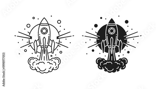 Rocket launch icon symbolizing startup growth and space exploration in line and solid styles