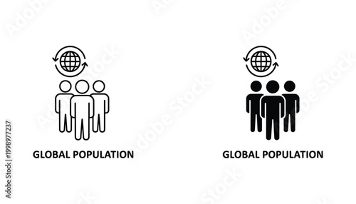 Global population group icon with earth symbol outlined and filled for community