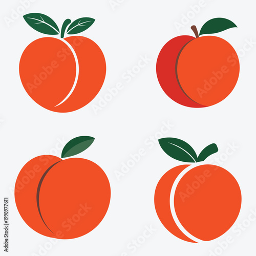 Four stylized peach icons with leaves and stems in different design.