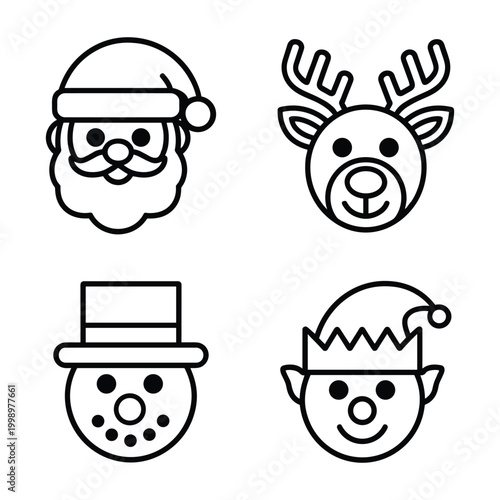Outline vector icons of christmas characters including santa claus and reindeer.