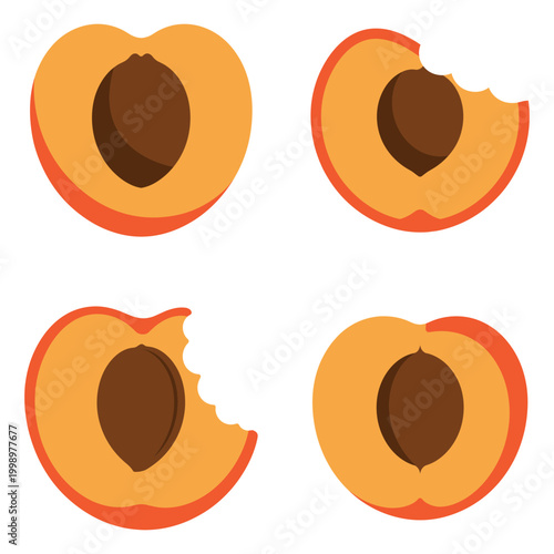 Half peach fruit icons showing pit and bite marks on white background.