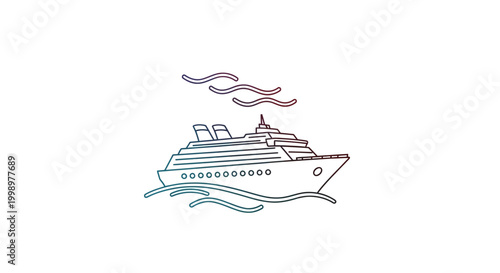 Cruise Ship Sailing on Wavy Ocean with Smoke from Chimneys, Minimalist Line Art
