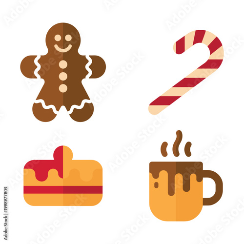 Set of four christmas desserts including gingerbread man, candy cane, cake and cocoa.