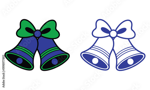 Two christmas bells with green bow and two outline bells with blue fill isolated.