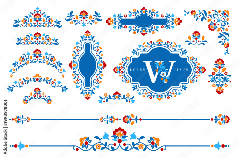Obraz premium Collection of luxury frames, borders, dividers and corners with floral motifs and ornate swirls. For greeting card, wedding invitation, restaurant menu, label, certificate design. Vector illustration