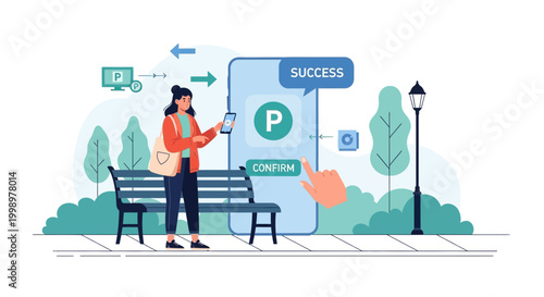 Woman Using Mobile App for Parking Payment Success Confirmation in Park